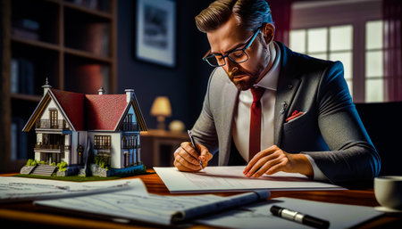 Man sitting at desk in front of model house. Generative AI.の素材