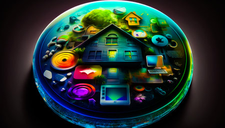 Round object with house and many different things on it. Generative AI.の素材