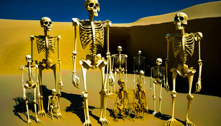 Group of skeletons standing next to each other. Generative AI.の素材