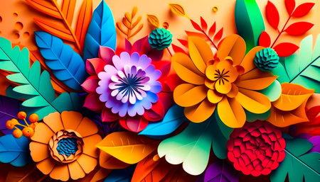 Bunch of colorful flowers on yellow background. Generative AI.の素材