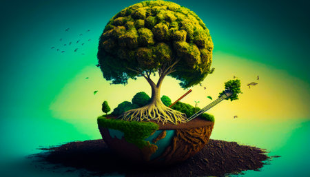 Tree growing out of piece of earth. Generative AI.の素材