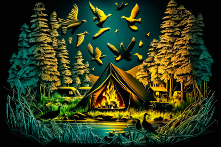 Painting of tent with birds flying over it. Generative AI.の素材