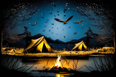 Painting of campsite with fire in the foreground. Generative AI.の素材