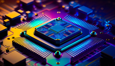 Close up of cpu chip on top of motherboard. Generative AI.の素材