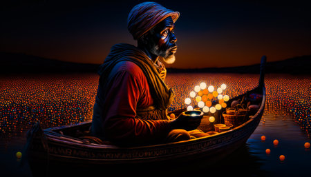 Man sitting in boat filled with candles. Generative AI.の素材