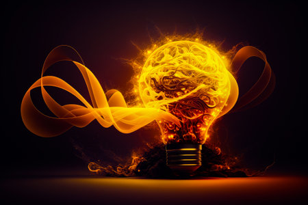 Glowing light bulb with lot of yellow smoke coming out of it. Generative AI.の素材