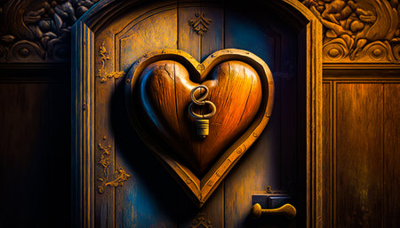 Heart shaped door with key in it. Generative AI.の素材