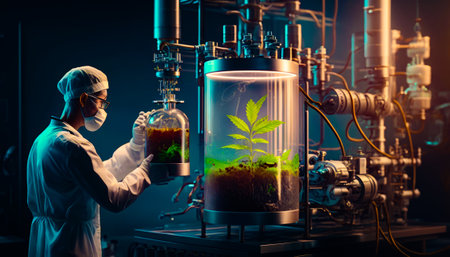 Man in lab coat holding flask with marijuana plant in it. Generative AI.の素材