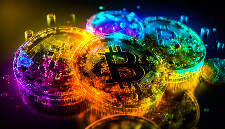 Bitcoin on top of pile of coins. Generative AI.の素材