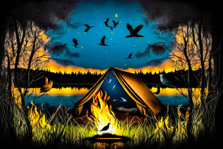 Painting of campfire with birds flying over it. Generative AI.の素材
