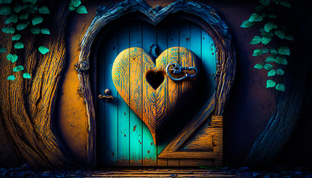 Wooden door with heart shaped opening. Generative AI.の素材