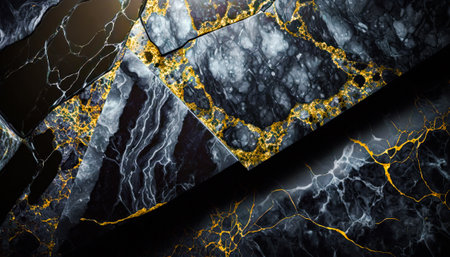 Black and gold marble wallpaper with gold accents. Generative AI.の素材