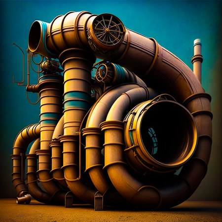 Painting of pipes and pipes on blue background. Generative AI.の素材