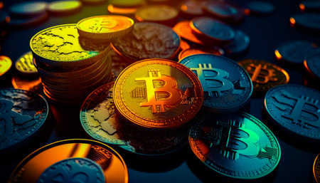 Pile of bitcoins sitting on top of each other. Generative AI.の素材