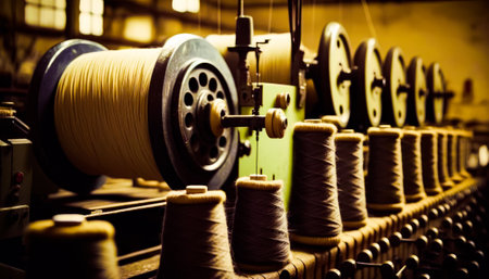 Row of spools of threads on machine. Generative AI.の素材