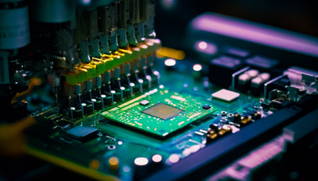 Close up of circuit board with many electronic components. Generative AI.の素材