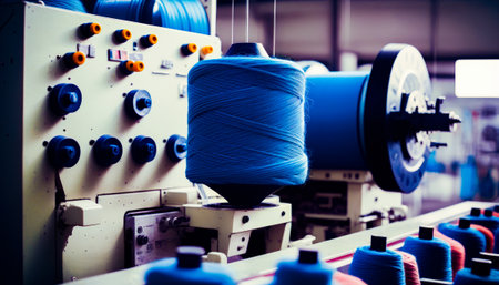 Several spools of threads on machine in factory. Generative AI.の素材