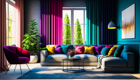 Living room filled with furniture and colorful curtains. Generative AI.の素材