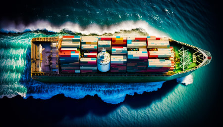 Large container ship in the middle of the ocean. Generative AI.の素材