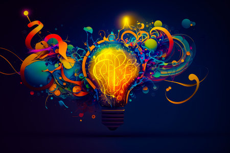Light bulb with colorful swirls and swirls around it. Generative AI.の素材