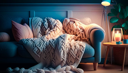 Couch with blanket on it next to table. Generative AI.の素材