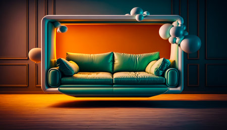 Couch sitting in front of the mirror in the room. Generative AI.の素材