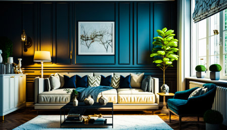 Living room filled with furniture and large window. Generative AI.の素材