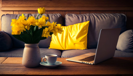 Vase of yellow flowers sitting on table next to laptop. Generative AI.の素材