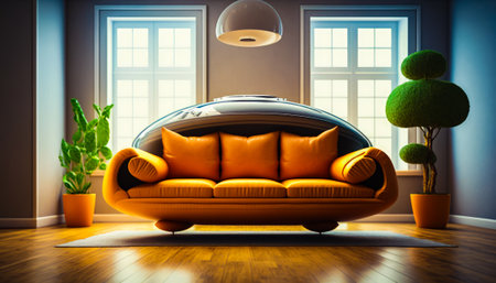 Living room with couch and potted plant. Generative AI.の素材