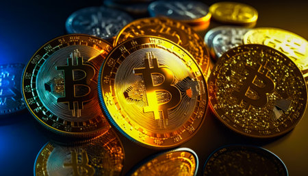 Pile of bitcoins sitting on top of table. Generative AI.の素材