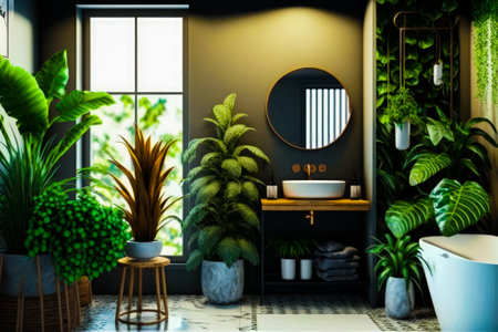Bathroom filled with lots of plants and sink. Generative AI.の素材