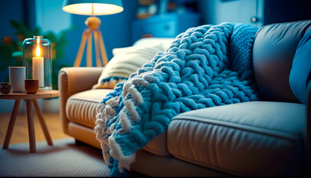 Couch with blanket on it next to table with candle. Generative AI.の素材