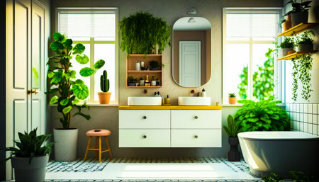 Bathroom with tub, sink, mirror and plants. Generative AI.の素材