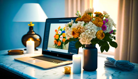 Laptop computer sitting on top of desk. Generative AI.の素材