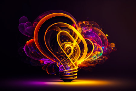 Colorful light bulb with swirls on dark background. Generative AI.の素材