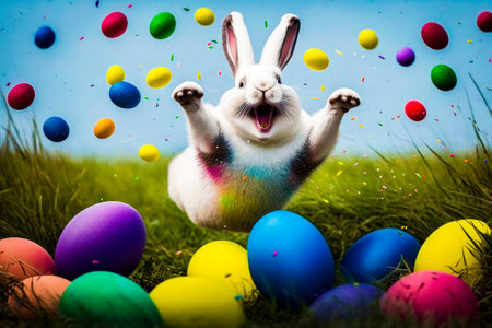 White rabbit in field surrounded by colored eggs. Generative AI.の素材