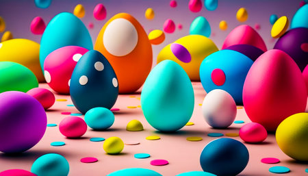 Group of colorful eggs sitting on top of table. Generative AI.の素材