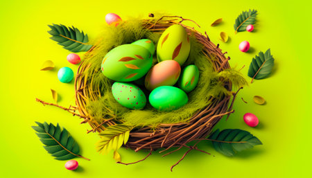 Green nest with eggs and leaves on yellow background. Generative AI.の素材