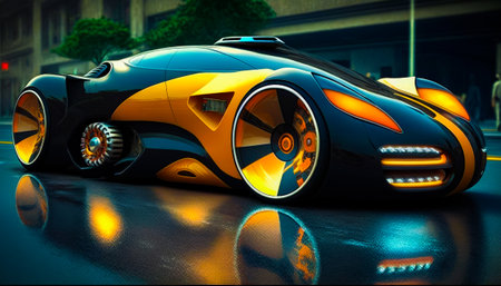 Futuristic car is shown on city street. Generative AI.の素材