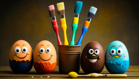 Group of painted eggs sitting next to each other. Generative AI.の素材