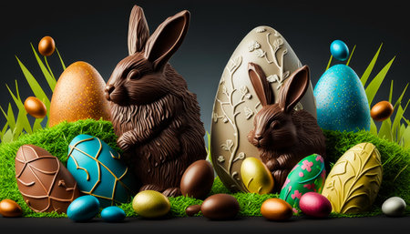 Group of chocolate easter eggs sitting on top of grass. Generative AI.の素材