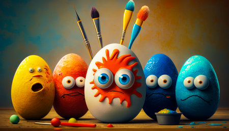 Group of painted eggs with different faces. Generative AI.の素材