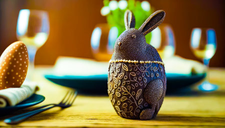 Table set for easter with an egg and bunny figurine. Generative AI.の素材