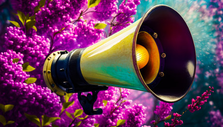 Yellow and black megaphone with purple flowers in the background. Generative AI.の素材