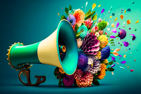 Green and white megaphone surrounded by colorful flowers. Generative AI.の素材