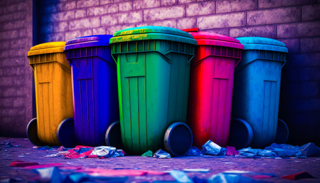 Group of trash cans sitting next to brick wall. Generative AI.の素材