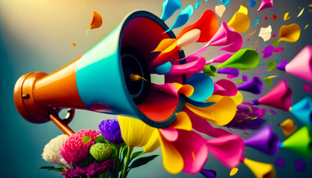 Colorful megaphone with bunch of streamers coming out of it. Generative AI.の素材