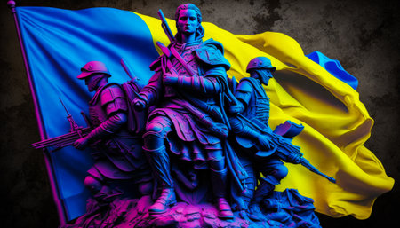 Statue of man on horse next to flag. Generative AI.の素材