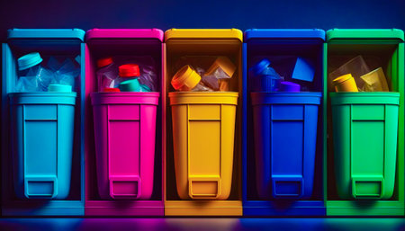 Row of colorful trash cans sitting next to each other. Generative AI.の素材