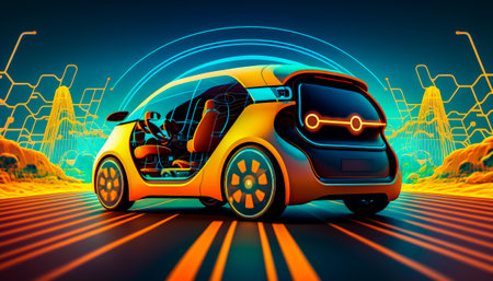 Small car driving through futuristic city. Generative AI.の素材